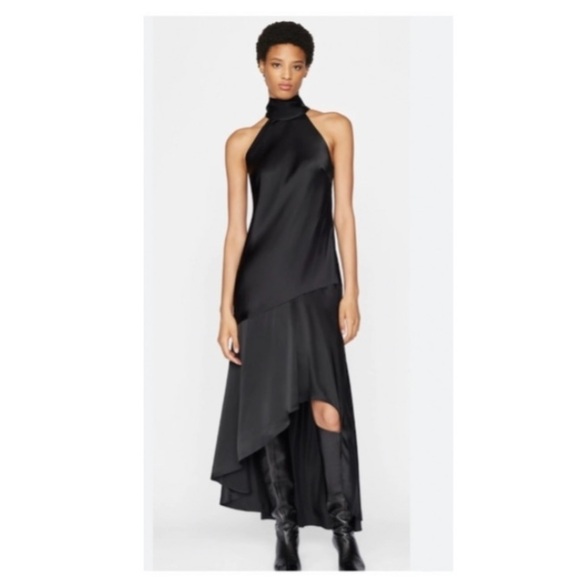 FRAME Draped Neck Tie Halter Dress in BLACK.